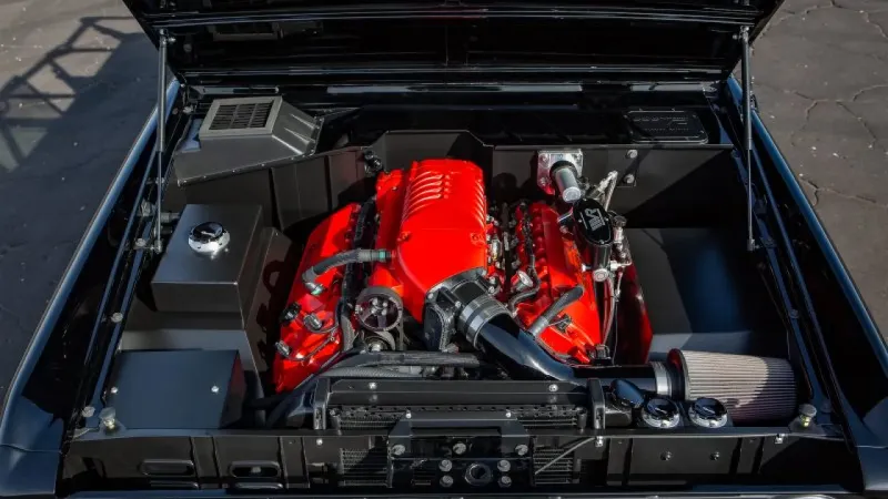 Under the hood of a restomod project by Velocity Restorations. 