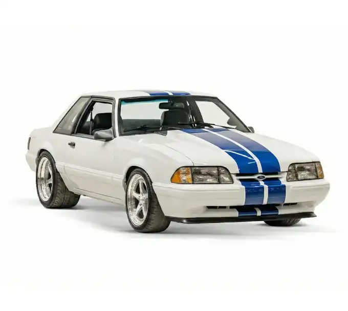 Velocity Fox Body Mustang LX rendered in Oxford White w/ painted blue stripes