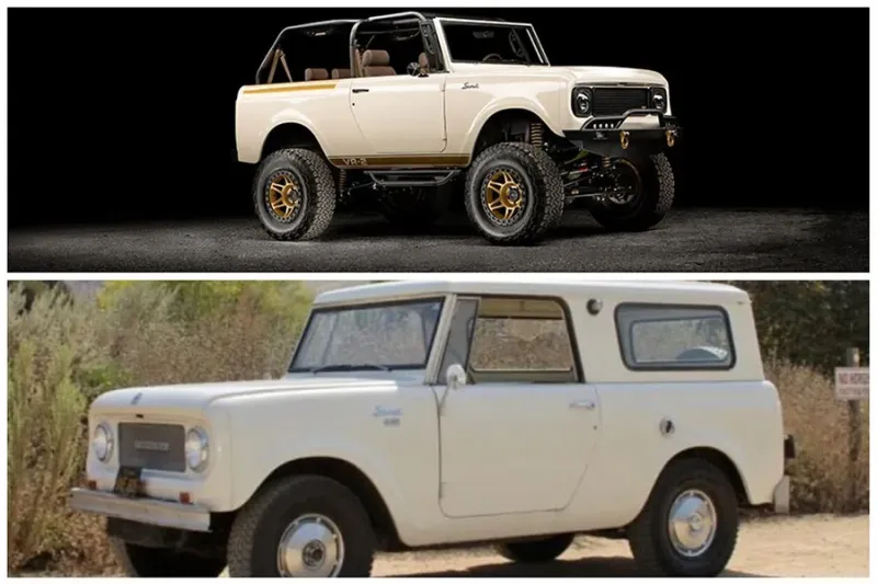 A before and after shot of a Velocity Restorations International Harvester Scout project.