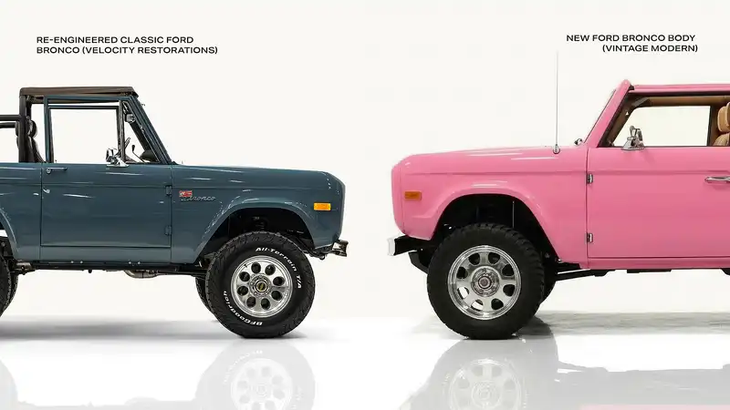 Velocity Restorations and Vintage Modern Broncos may appear similar, but they are built on entirely different platforms