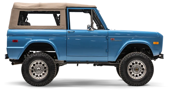 Blue Velocity classic Ford Bronco with soft top