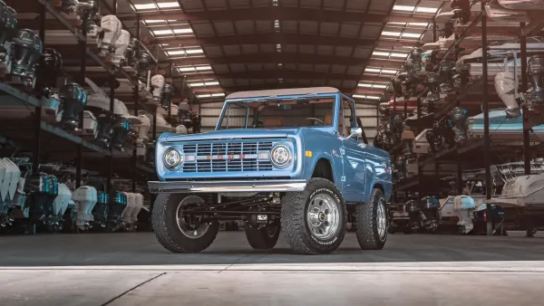 Classic Ford Bronco with boats in dry stack storage